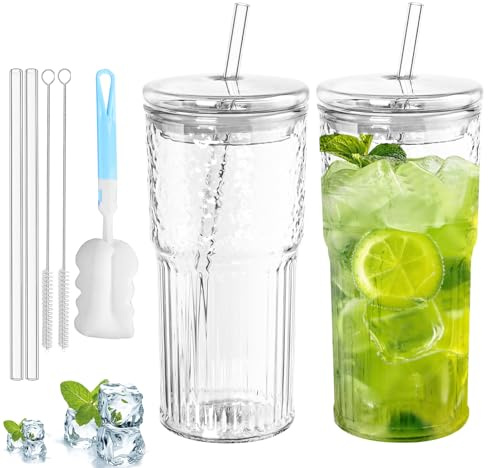 WANDGU 2 bicchieri in vetro da 650 ml: bicchiere con coperchio e cannuccia, vetro Iced Coffee in vetro di alta qualità, design ermetico e impermeabile, ideale come caffè