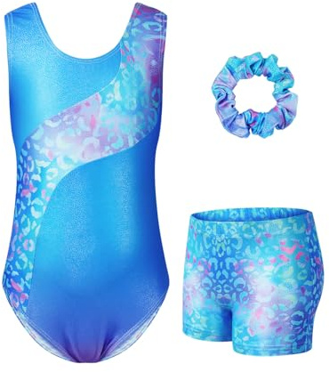 JiAmy Gymnastikdräkt för flickor, gymnastikdräkt för barn med byxor, hårband set, glänsande gymnastik, gymnastikdräkt, leotard för 11–12 år, Blå leopard lapptäcke, 3-4 år