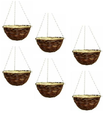 Wicker Basket Planter – Natural Rattan & Willow Flower Pot with Polythene Liner & Metal Hanging Chain – Decorative Indoor & Outdoor Garden Planter for Flowers (Hanging Basket 30cm, 12Inch x 6Pack)