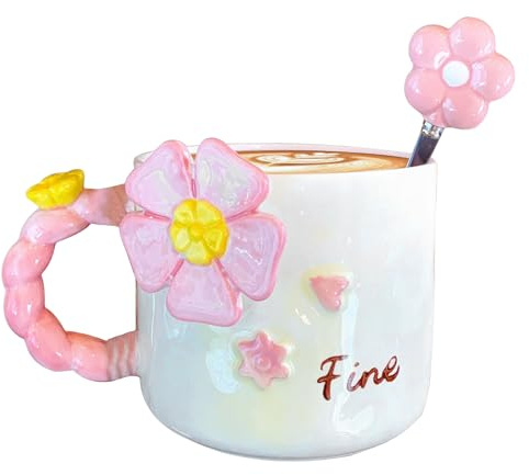 Taza de café con flores, taza de flores,500 ml de tazas de café lindas de cerámica con cuchara | Drinkware estético de gran capacidad, utensilios de cocina decorativos y herramienta
