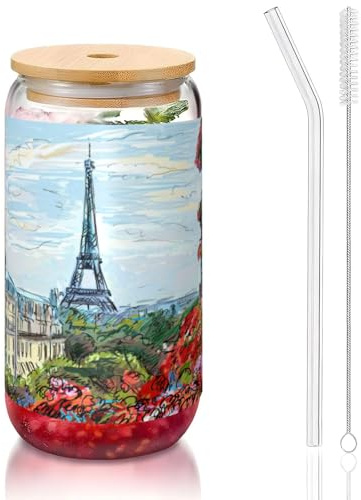 MDATT Street in Paris Town - Vasos para beber de 473 ml con tapas y popotes, bonitos vasos de agua para jugo, cerveza, café, té