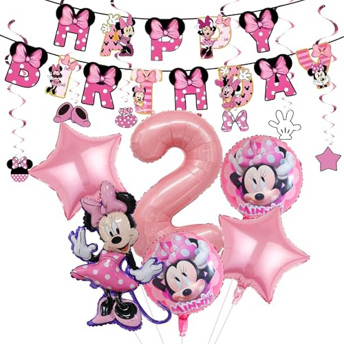 Mini mouse Geburtstagsdeko Mädchen 2 Jahre, 13pcs Kinder Geburtstag Deko, Rosa Luftballons für Kinderparty, Prinzessinnen Theme Fest