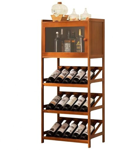 GAOCUNBING Estante de bambú para vino, 3-4 niveles, 15 botellas, estantes de almacenamiento, estantes de vino de pie para el hogar, cocina, gabinete de vino pequeño, nogal, 4 niveles