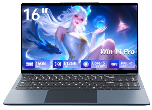 Ordenador Portátil 16 Pulgadas, Core i5-8210Y CPU, Win11 Pro PC Portátil 16GB RAM 512GB SSD, Clavier Rétroéclairé, 1080P FHD Pantalla Laptop, (Mini-HDMI+USB3.0+Type-C+Webcan+WIFI5+5800mah Battery)