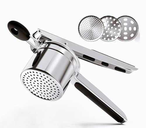 Potato Ricer with 3 Interchangeable Discs - Heavy Duty Stainless Steel Press & Non-Slip Handles for Fluffy Mashed Potatoes - Potato Masher, Press and Ricer Kitchen Tool, Black