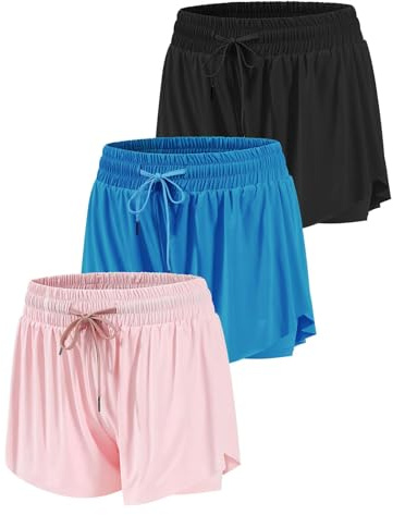 ATTIQOZI 3 Pack Flowy Athletic Shorts Schnelltrocknende mit Taschen Teenager Butterfly Shorts Mädchen Running Tanzen Sports 2-in-1 Laufshorts für Mädchen