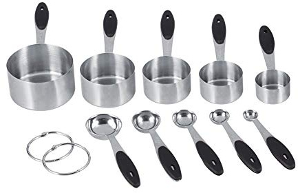 Akozon Juego de 10 Tazas y Cucharas Medidoras de Acero con Agarre de Silicona, Medición Precisa para Hornear y Cocinar