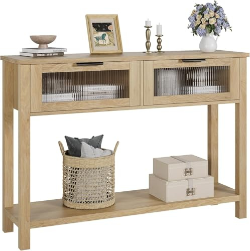 Mesa consola de madera con 2 cajones, mesa de entrada estrecha con 2 niveles, mueble de entrada en 4 patas de madera, mesa auxiliar/punta de sofá escandinavo para entrada, dormitorio, sala de estar