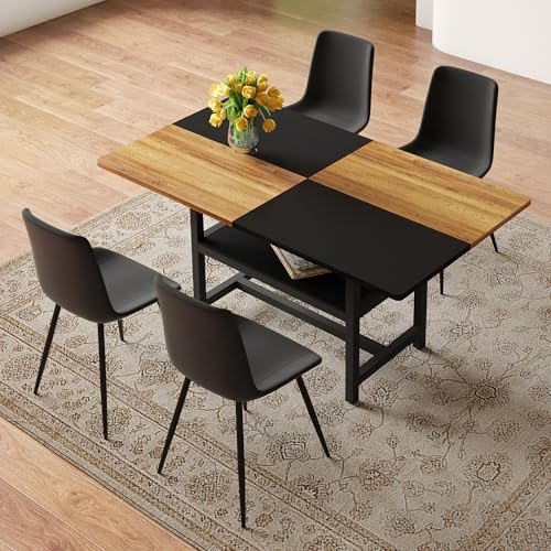Set di tavolo da pranzo rettangolare da 160 cm, con 4 sedie in poliuretano e vano portaoggetti integrato, robusto gruppo per tavolo da pranzo con ampi cuscini per cucina, sala da pranzo, soggiorno