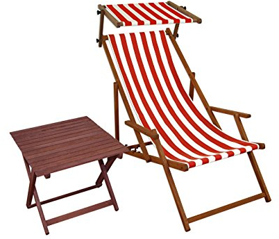 Sedia a Sdraio a Righe Bianco-Rossa con braccioli in Faggio con Parasole e tavolino 10-314ST