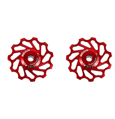 2Pcs Fahrrad-Keramikrolle, Ceramic Pulley Aluminiumlegierung Schaltwerk Führungsrolle Teil Zubehör für MTB-Bike(11T-Rot)