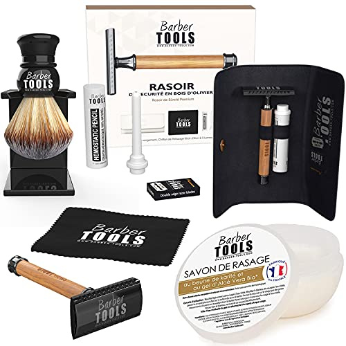 Kit de rasage - Rasoir de Sécurité/Rasoir de Sûreté + 5 doubles lames + Blaireau de rasage + savon de rasage 150ml + Pierre d'alun ✮ BARBER TOOLS ✮