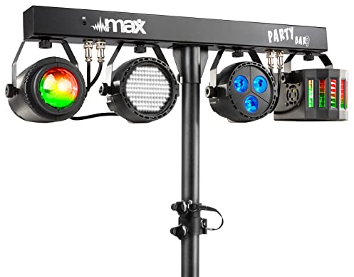Max PARTYBAR09 Jelly Moon + Derby + PAR + Strobe, Mode DMX ou Auto, Télécommande et Programmes Automatiques, Pied Inclus, Shows Préprogrammés, Effets Professionnels pour vos Soirées