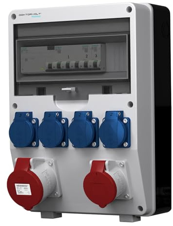 Doktorvolt Baustromverteiler, Stromverteiler TD-S/FI Mennekes Steckdosen Schuko 4x230V 32A 16A 400V, Siemens Fi-Schalter 40A 30mA 4P, Stromverteiler Außenbereich mit CEE Steckdosen-Kombination
