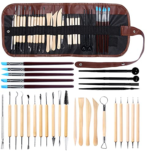 mreechan Modellierwerkzeug,30 Stück Carving Tools Clay Keramik Sculpting Ton Werkzeug mit eine Aufbewahrungstasche für Töpfer Künstler,Töpferwerkzeug Doppelseitige Carving Werkzeuge Sculpting Tools.