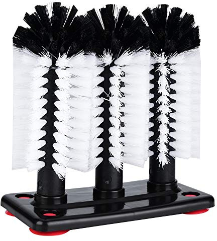 Water Bottle Brush with Suction Base, 3 Head | Bidirectional Rotation Brush Head, Plastic Base Nylon Brush Head, for Cleaning Wine Glasses Long Leg Cup Kitchen Bar Beer Cup