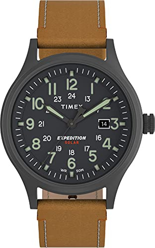 Timex TW4B24700 Expedition Scout Solar Herren-Armbanduhr, 40 mm, Rotguss-Gehäuse, graues Zifferblatt, hellbraunes Lederarmband