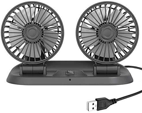Baceyong Ventilateur de refroidissement de voiture à double tête 5V avec port USB pour camion, camionnette, SUV, camping-car, bateau, 360° horizontal 180° vertical pivotant réglable, Gris