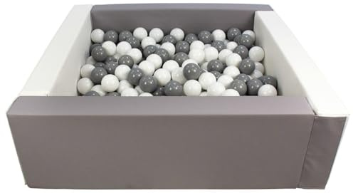 Velinda Bällebad Bällepool Bällebecken Spielbecken Kinderpool quadratisch 300 Bälle (Farbe des Pools/der Bälle: weiß, grau/weiß, grau)