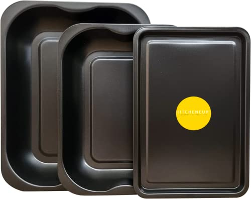 3-Pack Black Roasting and Baking Tray Set - Large Roaster (38cm); Medium Roaster (33cm) & Small Tray (32cm) - Baking Tray Set Tray/Pan, Non-Stick, Multi-Pack Set Oven Trays - Dishwasher Safe