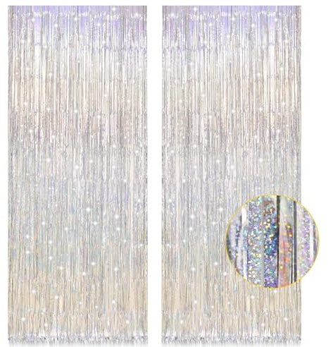 PIGETALE 2pcs 3.2 x 8.2ft Glitter Silver Tinsel Curtain Foil Fringe Curtain Party Streamers Backdrop Aluminum Foil Flow Curtain Background for Birthday Party Wedding Bachelorette Christmas Decorations