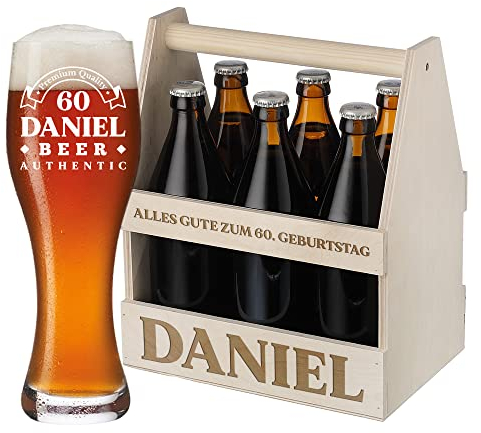 polar-effekt Weizenbierglas + Bierträger mit Wunschgravur - Alles Gute zum Geburtstag personalisiert - 1x Flaschenträger aus Holz - 1x Bierglas 500 ml - Männerhandtasche - Männergeschenk - Papa