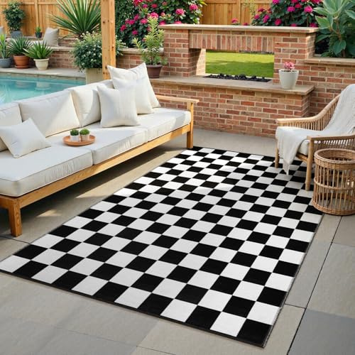 Seavish 1,2 x 1,8 m schwarz-weiß karierter Flächenteppich, Baumwolle, gewebt, marokkanischer Schachbrettteppich, niedriger Flor, waschbar, Wohnzimmerteppich, faltbar, Bodenabdeckung, Indoor-Teppich