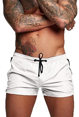 Maillot de Bain pour Homme Trunks Boxer Shorts Pantalon Court de Sport Plage Loisir Cordon de Serrage Ajustable (EU S, A - Blanc)