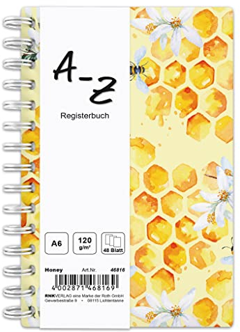 RNKVERLAG - Notizbuch mit Register A-Z „Honey“ in DIN A6 mit 48 Blatt 120 g/m², 1 Stück