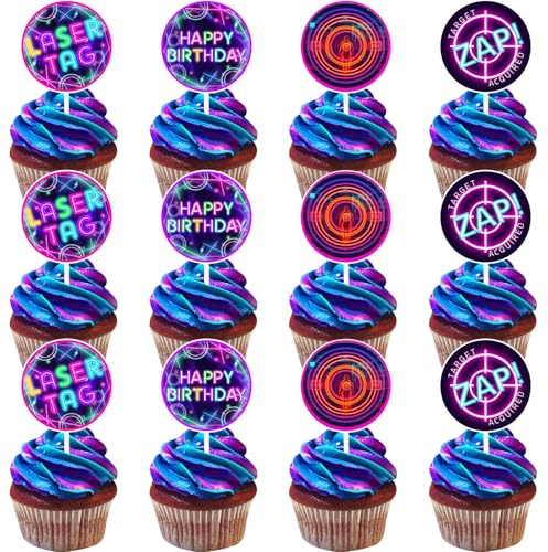 Fangleland 36 Pieces Laser Tag Cupcake Toppers for Girls - Laser Tag Birthday Party Decorations, Happy Birthday Dessert Table Cake Decors Picks Party Favors Supplies