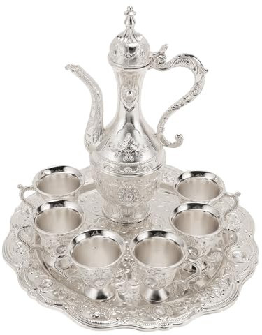 RXMORI Weinglas-Krug-Set aus Metall, Weinglas-Topf-Set aus Legierung, Weinkaraffe und Gläser-Set, Rostfrei, Exquisites Dekoratives Vintage-Kaffeekannen-Set mit Tablett für Party,(Silber Weiss)