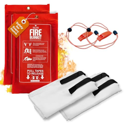 Fire Blanket 1m x 1m, Fiberglass Reusable Fire Blankets with 1 Whistle, Emergency Fire Blanket for Kitchen, Home, School, Caravan Car, and Office