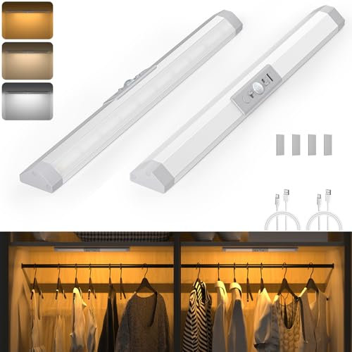 WOBANE Luce Armadio LED con Sensore di Movimento, Luci Guardaroba Protezione degli Occhi, Lampada Ricaricabile Luce Notturna Dimmerabile per Scale,Corridoio, 2 Pezzi