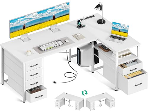 Coleshome L Shaped Computer Desk with 6 Drawers & Power Outlet, 55 Inch Corner Desk with Reversible Storage Shelf & File Drawer, Home Office Desk, White