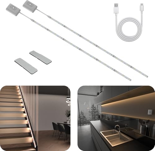 Hapfish Ruban LED chambre a pile, 2000mAh 2 PCS bande leds murale avec detecteur mouvement, 3 températures de couleur, lumiere LED rechargeable usb, bandeau à led pour cuisine, tv, meuble, escalier