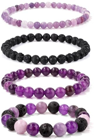 Aidenn Amethyst Armband Damen Naturstein Edelstein Perlenarmband Damen Lavastein Lepidolith Armband Heilsteine Armband Anti Stress Perlen armbander set,Handmade Schmuck Geschenk