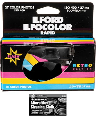 Ilford ILFOCOLOR - Fotocamera rapida monouso a pellicola a colori con flash, 27 esposizioni, con panno in microfibra