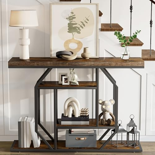 FATIVO Table Console d'Entrée en Bois: 120x30x81.5cm Console Meuble Industriel Vintage à 4 Niveaux de Rangement, Support en Métal Noir, Bout de Canapé Design pour Salon Couloir Chambre