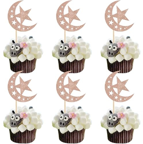 SYKYCTCY 24 Pcak Eid Mubarak Cupcake Toppers,Glitter Moon Star Ramadan Kareem Cupcake Toppers for Eid Islamic Muslim Party Cake Decorations