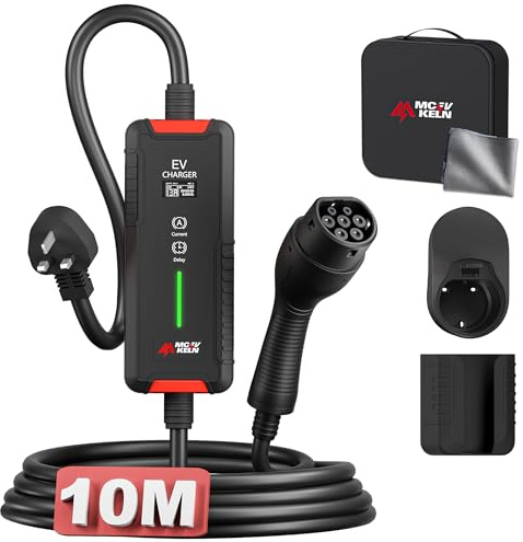 MCEVKELN EV Charger Cable Type 2 to 3 Pin Plug Type 2 Charging Cable 3kW 10M 6/8/10/13A IP65 Advanced Protection for EVs & PHEVs Mode 3 Charging Cable