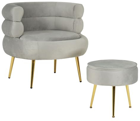 IlGruppone Poltrona Camera da Letto e Salotto in Velluto con Poggiapiedi Contenitore - Poltroncina Relax Moderna con Gambe in Metallo Placcato Oro - Design Moderno - Grigio