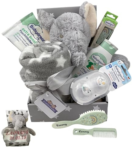 GeschenkSet mit Personalisierung, Babydecke, Grau/Weiss, ELEFANT Set S | Babyparty, Geburts, Bürste und Kamm, Name, Plüsch Stofftier, weitere Extras, Geschenk zur Taufe, Geburt