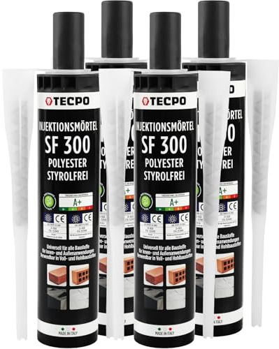 TECPO 4x Injektionsmörtel SF 300 ml inkl. Statikmischer Vebundsmörtel Ankerkleber Innen & Aussen Mörtel zur Befestigung von Voll- und Hohlbaustoffen