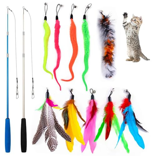 CUEMOON 12 juegos con plumas para gato, juguetes interactivos para gatos, 2 varitas interactivas retráctiles con 10 plumas recargas, cañeta pájaro plumas interactivas gato