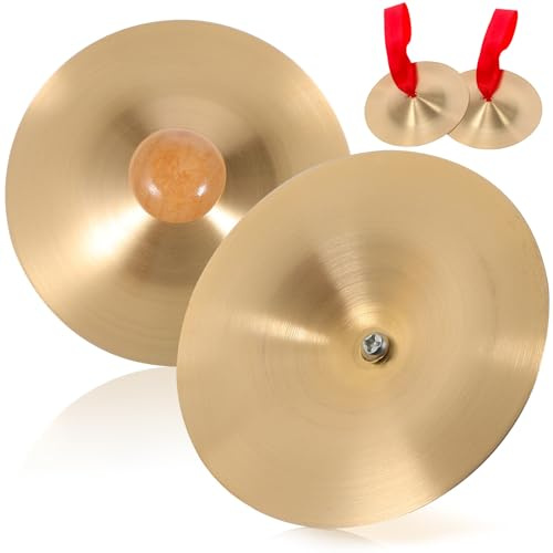 Alipis Kupfer Fingerzimbeln für Kinder 2 Paar 9cm mit Holzgriffen und Rotem Band Bauchtanz Handzimbeln Musikinstrument für Tänzerparty und Percussion Spielzeug