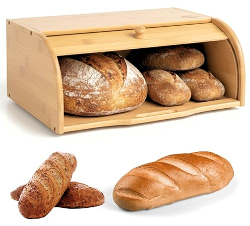 ALAYSTAR Bamboo Bread Bin Fully Assembled Eco-Friendly Bread Box | Natural Wooden Roll Top Bread Storage Bin | Vintage Countertop Bread Keeper for Fresh Loaves & Pastries