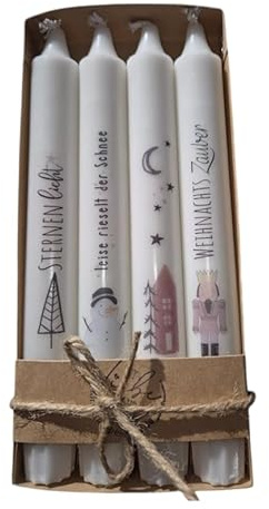 Adventskerzen Set Weihnachten mit Sprüchen & Motiven – 4 Stabkerzen – Geschenkidee – Nussknacker-Schneemann