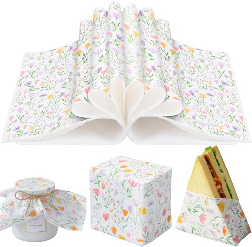Humyoun 100 Sheet Spring Wildflower Wax Paper for Food Tissue Paper Gift Wrapping Floral DIY Baking Kitchen Package for Spring Wedding Picnic Hamburgers Sandwiches Desserts