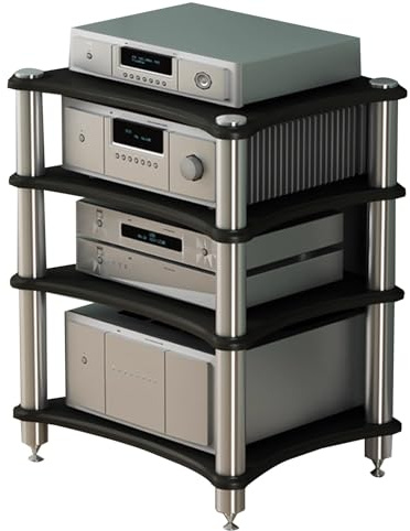 4Tier HiFi Audio Rack for Amplifiers Receivers & Turntables Sturdy Speaker Stand with Spikes AV Component Storage Cabinet Media Console for Home Theater (Black)
