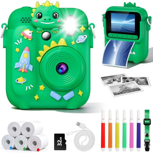 Macchina Fotografica Bambini Istantanea, con 5 Carta da Stampa 32GB Scheda | Dinosauro Macchina Fotografica Bambini, Display da 2,4, HD 1080p, 6 pennarelli colorati; per bambini dai 3 ai 14 anni